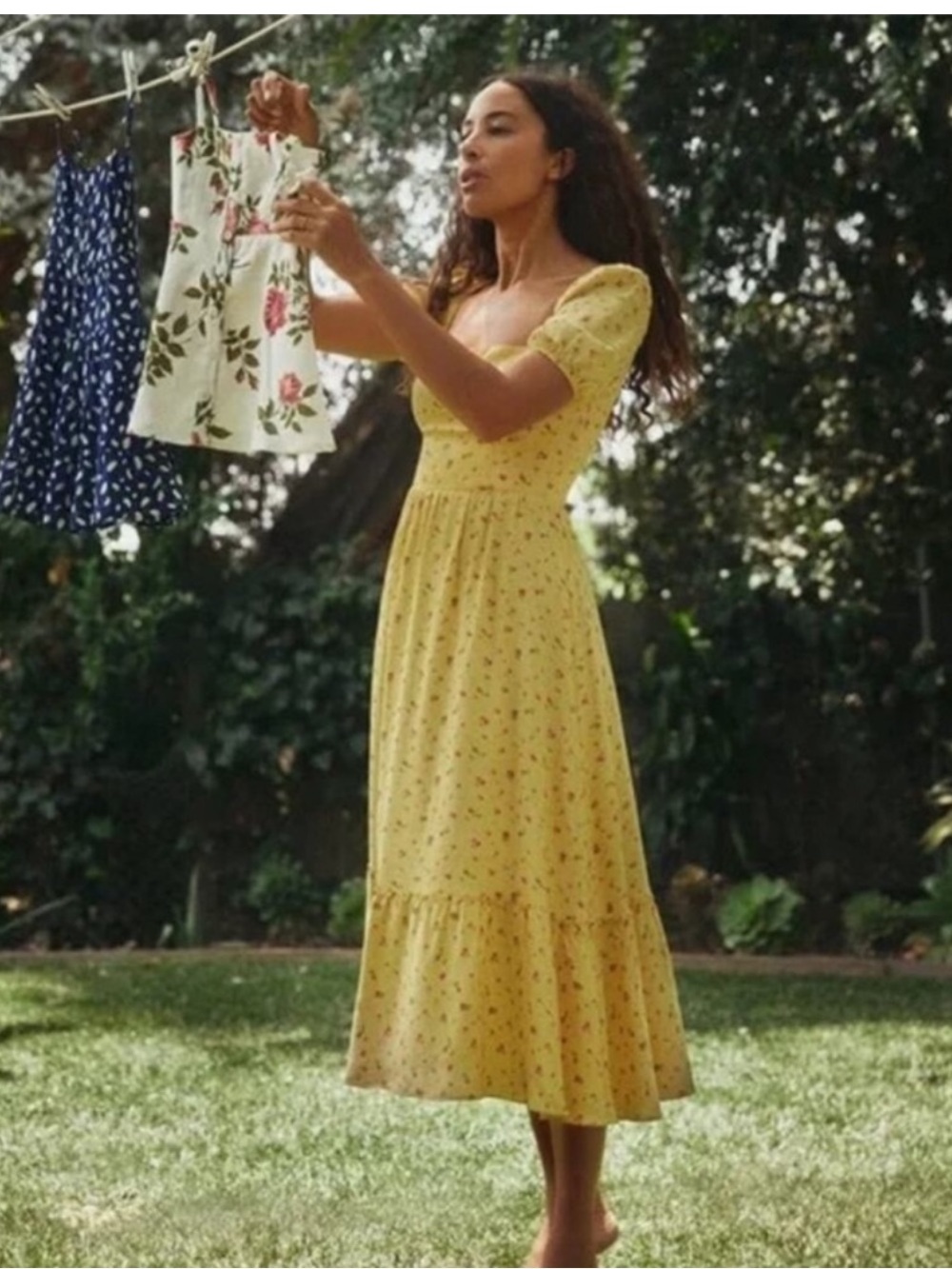 Reformation Abbie dress Yellow Floral Midi Dress with Puff Sleeves
